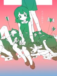 6+girls arrow_(projectile) arrow_through_heart chill_(chill_meal) clone closed_mouth commentary dated_commentary dress envelope expressionless gloves gradient_background green_dress green_eyes green_hair hand_on_lap heart heart_arrow highres holding holding_envelope iyowa_girls letter loafers looking_down love_letter medium_hair multiple_girls pile_of_corpses pink_background shoes short_dress sitting sleeveless sleeveless_dress socks song_name standing tabun_owari_(vocaloid) tawari_(iyowa) white_gloves white_socks