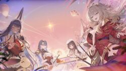 5girls absurdres aiguillette aircraft azur_lane bare_shoulders black_bra black_hair black_thighhighs boned_meat bra breasts champagne_flute cleavage cleopatra_(azur_lane) closed_eyes cup dark-skinned_female dark_skin drinking_glass eating epaulettes food gallant_(azur_lane) gloves hat highres holding holding_food hot_air_balloon huge_breasts lace lace-trimmed_bra lace_trim large_breasts lion_(azur_lane) looking_at_viewer maid maid_headdress manjuu_(azur_lane) meat military_uniform multicolored_hair multiple_girls official_art orange_eyes orange_hair purple_hair red_eyes red_gloves sitting streaked_hair thighhighs trafalgar_(azur_lane) trinidad_(azur_lane) underwear water_slide white_hat