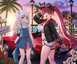 Rule 34 | 2girls, animal ears, arm behind head, bag, baseball cap, beach, bikini, bikini under clothes, bird, black hat, black jacket, bloop (gawr gura), blue eyes, blue hair, blue skirt, breasts, car, cat ears, cloud, commentary, convertible, cube hair ornament, dolphin shorts, earrings, english commentary, evening, eyewear on headwear, feet out of frame, fins, fish tail, flower, gawr gura, gawr gura (casual), grey hair, grin, hair ornament, hat, heart, heart-shaped eyewear, heterochromia, highres, hiyashiru, hololive, hololive english, house, houshou marine, houshou marine (summer), jacket, jewelry, lamppost, large breasts, license plate, long hair, long sleeves, looking at viewer, miniskirt, motor vehicle, multicolored hair, multiple girls, ocean, official alternate costume, official alternate hairstyle, open clothes, open jacket, open mouth, orange sky, outdoors, palm tree, ponytail, purple-tinted eyewear, purple sky, red bikini, red car, red eyes, red hair, road sign, shark girl, shark tail, shinkiro (hololive), shirt, short shorts, short sleeves, shorts, shoulder bag, side ponytail, sidelocks, sign, skindentation, skirt, skirt set, sky, smile, standing, streaked hair, sun, sunglasses, swimsuit, tail, thigh strap, tinted eyewear, tree, two-tone hair, very long hair, virtual youtuber, waving, white flower, white shirt, white shorts, yellow eyes