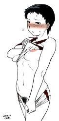 1girl bare_shoulders black_eyes black_hair blush breasts clothes_lift clothes_pull collarbone cowboy_shot dated female_pubic_hair gym_shirt gym_shorts large_breasts legs looking_at_viewer navel nipples no_panties original pants pants_pull pubic_hair shirt shirt_lift short_hair shorts signature simple_background stomach sweat thighs tsukudani_(coke-buta) very_short_hair white_background