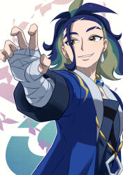 1boy adaman_(pokemon) black_shirt blue_coat blue_hair brown_eyes coat commentary_request earrings eyebrow_cut grin hand_wraps highres jewelry looking_back loose_hair_strand male_focus multicolored_hair neck_ring nintendo open_clothes open_coat outstretched_arm pokemon pokemon_legends:_arceus sasami_642 shirt smile solo teeth upper_body