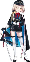 1girl aiguillette animal animal_on_shoulder arm_behind_back belt belt_buckle black_belt black_cape black_gloves black_hat black_jacket black_shoes black_shorts blonde_hair blue_necktie blush buckle buttons cape closed_mouth collared_shirt double-breasted full_body gloves gonzalez_(machita_chima) hair_over_one_eye hamster hamster_on_shoulder hand_on_hilt hat high_heels jacket kurihara_sakura leaning_to_the_side legwear_garter looking_at_viewer machita_chima machita_chima_(5th_costume) medal military_uniform necktie nijisanji official_alternate_costume official_alternate_hairstyle official_art peaked_cap pumps red_shirt saber_(weapon) second-party_source sheath sheathed shirt shoes short_eyebrows short_shorts shorts shoulder_boards smile solo sword tachi-e thick_eyebrows thighhighs thighs transparent_background two-sided_cape two-sided_fabric virtual_youtuber weapon white_sleeve_cuffs white_thighhighs yellow_eyes