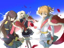 Rule 34 | 3girls, arm at side, barefoot, belt, belt buckle, black hairband, black skirt, blonde hair, blue background, blue eyes, bright pupils, brown hair, buckle, closed mouth, commentary, cowboy shot, daiba nana, epaulettes, falling petals, food, fur-trimmed jacket, fur trim, gradient background, green eyes, green ribbon, grey skirt, hair intakes, hair ribbon, hairband, half updo, hand on own hip, hand up, highres, holding, holding food, holding sword, holding vegetable, holding weapon, jacket, jacket on shoulders, katana, light particles, long hair, long sleeves, looking ahead, looking at another, looking down, miniskirt, multiple girls, parted bangs, petals, pink eyes, pleated skirt, purple ribbon, red jacket, red sash, ribbon, saijou claudine, sash, short hair, short twintails, shoujo kageki revue starlight, shoulder sash, sidelocks, single stripe, skirt, standing, striped clothes, striped skirt, sword, sy031219, symbol-only commentary, tendou maya, tomato, twintails, two-tone background, v-shaped eyebrows, vegetable, very long hair, wavy hair, weapon, white background, white jacket, white pupils, yellow belt