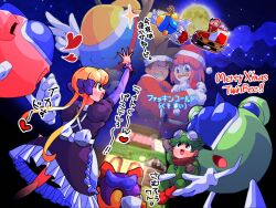 3boys 3girls :o beeyan64 blonde_hair brown_hair brown_mittens clenched_teeth cloud coat dress gift goggles goggles_on_head green_coat gwinbee hat headband heart highres light_(twinbee) long_sleeves madoka_(twinbee) merry_christmas mint-herb_(twinbee) mittens moon multiple_boys multiple_girls night pastel_(twinbee) pink_hair purple_dress red_hat santa_costume santa_hat scarf sleigh teeth twinbee twinbee_(character) twintails waving white_headband winbee zakobee zoom_layer