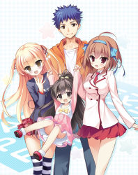 10s 1boy 3girls :d ahoge arms_up black_eyes black_hair blonde_hair blue_hair blue_pants blush bow breasts brown_eyes brown_hair closed_mouth collarbone collared_shirt eyebrows hair_ribbon hairband hand_up highres holding_hands hood hoodie long_hair long_sleeves looking_at_viewer medium_breasts multiple_girls necktie open_mouth pants papa_no_iu_koto_wo_kikinasai! pink_skirt plaid_clothes plaid_skirt pleated_skirt ponytail red_necktie red_ribbon red_skirt ribbon segawa_yuuta shirt shoes short_hair skirt smile standing star_(symbol) striped_clothes striped_legwear striped_thighhighs takanashi_hina takanashi_miu takanashi_sora thighhighs two_side_up white_shirt yellow_bow youta