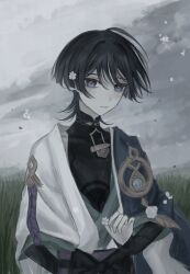 1boy absurdres aqua_kimono aqua_sleeves arm_behind_back belt black_belt black_bodysuit black_bow black_bridal_gauntlets blue_cape blue_gemstone blunt_ends blush bodysuit bow bridal_gauntlets cape colored_inner_hair covered_collarbone curled_fingers eyelashes eyeliner eyeshadow falling_flower feathers flower gem genshin_impact gold hair_flower hair_ornament han&#039;eri highres holding holding_flower japanese_clothes kimono layered_kimono layered_sleeves looking_at_viewer makeup male_focus mandarin_collar multicolored_hair open_clothes open_kimono overcast pale_skin pom_pom_(clothes) purple_eyes purple_hair purple_rope purple_sash red_eyeliner red_eyeshadow rope sash scaramouche_(genshin_impact) short_sleeves shoulder_peek sky solo upper_body wanderer_(genshin_impact) white_flower white_kimono white_sleeves wispy_bangs yellow_feathers yoruli_e
