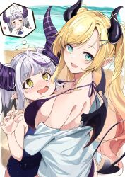 Rule 34 | 2girls, @ @, absurdres, anbasa (amaneyuz13), bare shoulders, beach, bikini, black bikini, black horns, black one-piece swimsuit, black tail, black wings, blonde hair, blue eyes, breasts, demon girl, demon horns, demon tail, demon wings, grey hair, highres, hololive, horns, jacket, la+ darknesss, large breasts, long hair, looking at viewer, multiple girls, ocean, off shoulder, one-piece swimsuit, parted lips, pointy ears, sand, see-through clothes, see-through jacket, smile, swimsuit, tail, trait connection, twintails, virtual youtuber, white jacket, wings, yellow eyes, yuzuki choco