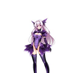 Rule 34 | 1girl, armor, black thighhighs, breasts, cleavage, cleavage cutout, clothing cutout, corruption, covered erect nipples, covered navel, dark exs-tia, dark persona, elbow gloves, game cg, gloves, hair ornament, highleg, highleg leotard, katsuragi marina, kouyoku senki exs-tia, large breasts, large variant set, leotard, long hair, looking at viewer, medium breasts, non-web source, official art, open mouth, pubic tattoo, purple eyes, showgirl skirt, simple background, skirt, smile, solo, standing, tattoo, thighhighs, transparent background, variant set, white hair