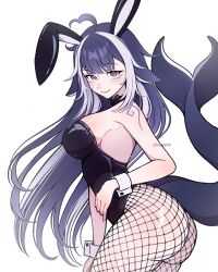 1girl animal_ears ass bare_shoulders black_leotard blush closed_mouth detached_collar fake_animal_ears fishnets highres indie_virtual_youtuber leotard long_hair looking_at_viewer multicolored_hair pantyhose playboy_bunny purple_eyes purple_hair rabbit_ears rabbit_tail shylily solo strapless strapless_leotard tail virtual_youtuber vivianvalenart white_background wrist_cuffs
