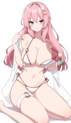1girl :3 absurdres bare_shoulders bikini blue_eyes breasts cleavage closed_mouth commission hair_ornament halterneck hand_up highres large_breasts long_hair looking_at_viewer multi-strapped_bikini_bottom navel o-ring o-ring_bikini original pink_hair pulling_own_clothes second-party_source shawl side-tie_bikini_bottom simple_background smile solo stomach strap_pull string_bikini swimsuit thigh_strap thighs w.k white_background white_bikini x_hair_ornament