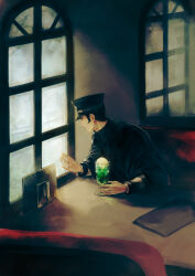 1boy absurdres black_cloak black_hair cloak cup devil_summoner:_raidou_kuzunoha_vs_the_soulless_army devil_summoner_(series) devil_summoner_2:_raidou_kuzunoha_vs_king_abaddon food hand_on_window hat high_collar highres holding holding_cup ice_cream ice_cream_float kamizawa_(sark) kuzunoha_raidou looking_outside male_focus peaked_cap shako_cap short_hair sideburns solo