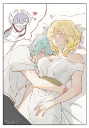 1boy 1girl aglaea_(honkai:_star_rail) anaxa_(honkai:_star_rail) black_pants blonde_hair breasts commentary dress dromas_(honkai:_star_rail) green_hair heart hetero highres honkai:_star_rail honkai_(series) hug large_breasts lying ochiba_34 on_back on_bed on_side pants pillow shirt short_hair sleeping speech_bubble symbol-only_commentary thought_bubble white_dress white_shirt