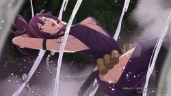 1girl armband arms_behind_head black_armband breasts cleavage highres hip_vent jigokuraku long_hair ninja no_bra official_art purple_hair red_hair second-party_source solo tongue tongue_out yuzuriha_(jigokuraku)