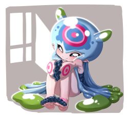 Rule 34 | barefoot, black eyes, blush, colored skin, convenient censoring, digimon, digimon (creature), embarrassed, fang, highres, jellymon, looking at viewer, one-piece swimsuit, papyruth7, pink skin, sitting, swimsuit, tentacle hair, tentacles, window