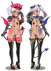 2girls absurdres black_gloves blush boots breasts corruption covered_erect_nipples dark-skinned_female dark_persona dark_skin demon_girl demon_tail demon_wings elbow_gloves frozen_gingasan full_body gloves gunslinger_stratos hat high_heels highres loli long_hair looking_at_viewer multiple_girls navel one-piece_swimsuit open_mouth pink_hair pubic_tattoo revealing_clothes rindou_shizune shinou_matsurika simple_background slave_gear slingshot_swimsuit small_breasts smile standing stomach_tattoo swimsuit tail tattoo thigh_boots thighhighs ts_magical_girl_nao twintails variant_set white_background wings yellow_eyes