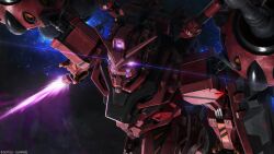 absurdres beam_cannon bit_(gundam) company_name copyright_notice energy energy_sword extra_eyes glowing glowing_eyes gundam gundam_battle_operation_2 gundam_gquuuuuux highres holding holding_sword holding_weapon lens_flare machinery mecha mecha_focus mobile_suit nebula no_humans official_art painting_(medium) purple_eyes realistic red_gundam robot scan science_fiction solo space star_(sky) sunrise_(company) sword tenjin_hidetaka thrusters traditional_media v-fin weapon zeon zero_gravity