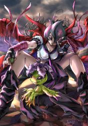 Rule 34 | 2girls, alraumon, bancholilimon, banchou, belt, black eyes, boots, breasts, buckle, cape, cleavage, delinquent, digimon, female focus, fingerless gloves, full body, gloves, midriff, monster girl, multiple girls, navel, no humans, plant, scar, school uniform, sitting, sketch, skirt, stretching, unzipped, vines, wings, zipper