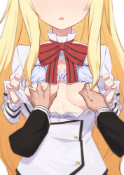 Rule 34 | 1boy, 1girl, blonde hair, bow, bowtie, bra, bra lift, breasts, breasts out, disembodied hand, grabbing another&#039;s breast, groping, head out of frame, highres, juliet persia, kishuku gakkou no juliet, long hair, long sleeves, male hand, morisobo, nipple stimulation, nipple tweak, nipples, open clothes, open mouth, open shirt, ribbon-trimmed bra, ribbon trim, school uniform, shirt, sidelocks, simple background, solo focus, standing, underwear, upper body, very long hair, white background