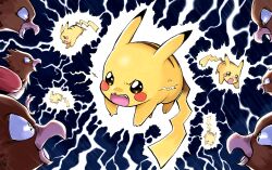 absurdres angry bird brown_eyes commentary electricity gen_1_pokemon highres night nintendo no_humans open_mouth outdoors pikachu pokemon pokemon_(creature) pokemon_focus seb spearow teeth upper_teeth_only