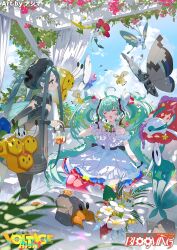 2girls ahoge aqua_eyes aqua_hair ashima_(roro046) beautifly blue_eyes blue_flower bug bug_miku_(project_voltage) butterfly butterfree combee commentary_request cutiefly dress dwebble flabebe flabebe_(white_flower) flabebe_(yellow_flower) floette floette_(blue_flower) floette_(red_flower) florges florges_(red_flower) flower gen_1_pokemon gen_3_pokemon gen_4_pokemon gen_5_pokemon gen_6_pokemon gen_7_pokemon gloves guest_art hair_flower hair_ornament hatsune_miku hatsune_miku_japan_tour_2025_~blooming~ highres insect legendary_pokemon long_hair multiple_girls mythical_pokemon nintendo official_art open_mouth outdoors pokemon pokemon_(creature) project_voltage ribbon second-party_source shaymin shaymin_(land) sky sleeveless smile thighhighs twintails very_long_hair vivillon vivillon_(monsoon) vocaloid white_dress
