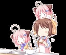 1boy 2girls =_= ahoge animal_ears animated animated_gif apron blush bowl brown_hair cat_ears cat_tail chibi child cooking facial_hair fish goatee hair_ornament hairclip heart jack_(neko_kawaigari!) jack_(nekokawaigari) lowres multiple_girls nami_(neko_kawaigari!) nami_(nekokawaigari) neko_kawaigari! nekokawaigari object_on_head open_mouth pink_hair short_hair siblings sisters tail transparent_background twins umi umi_(neko_kawaigari!) umi_(nekokawaigari)