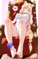 1girl absurdres animal_ears barefoot blonde_hair blue_eyes blush braid feet footjob highres indie_virtual_youtuber leotard light_smile long_hair looking_at_viewer single_braid sitting sopralto throne toes uroichi