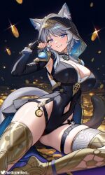 1girl adapted_costume animal_ear_fluff animal_ears armored_boots belt black_gloves black_hood black_leotard blue_eyes boots breasts cat_ears cat_girl cat_tail cipher_(honkai:_star_rail) cleavage clothing_cutout coin commentary fingerless_gloves fingernails gloves grey_hair hand_up helloimtea highres honkai:_star_rail honkai_(series) large_breasts leotard long_fingernails looking_at_viewer mole mole_on_chest nail_polish navel navel_cutout parted_lips short_hair smile solo symbol-only_commentary tail thigh_belt thigh_boots thigh_strap thighs twitter_username yellow_nails