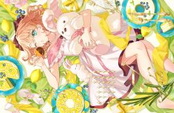 Rule 34 | 1girl, aqua eyes, bare shoulders, barefoot, bead necklace, beads, blowing kiss, blueberry, bow, braid, braided bangs, brown bow, cake, cake slice, chocolate, chocolate covered, dated, dress, flower, food, foot out of frame, fork, frilled dress, frills, fruit, game cg, hair bow, high heel sandals, high heels, highres, hinoshita kaho, hinoshita kaho (18th birthday), holding, holding food, holding fruit, holding stuffed toy, jewelry, lemon, lemon cake, lemon slice, link! like! love live!, looking at viewer, love live!, medium dress, medium hair, necklace, non-web source, off-shoulder dress, off shoulder, official alternate costume, official art, one eye closed, orange (fruit), orange hair, orange slice, parted lips, pink flower, ranunculus, sandals, sideways mouth, solo, stiletto heels, stuffed animal, stuffed rabbit, stuffed toy, table knife, unworn sandals, white dress, white flower