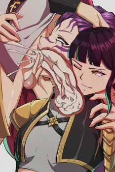 Rule 34 | 1futa, 2girls, absurdres, ahegao, black hair, braid, braided ponytail, breasts, brown eyes, cum, cum in mouth, cum in nose, cum in throat, deepthroat, ejaculation, facial mark, fellatio, fidget4827, futa with female, futanari, hand on another&#039;s head, head grab, highres, irrumatio, kpop demon hunters, large penis, long hair, makeup, medium breasts, mira (kpop demon hunters), multiple girls, oral, penis, pink lips, purple hair, red hair, rolling eyes, rumi (kpop demon hunters), runny makeup, smile, testicles, turtleneck, very long hair, x-ray, yellow eyes, zoey (kpop demon hunters)