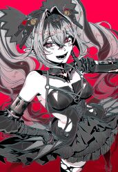 Rule 34 | 1girl, absurdres, black dress, black hair, crossed bangs, dress, fangs, grey hair, hair between eyes, headgear, highres, jetavie (pgr), long hair, looking at viewer, mechanical arms, mismatched pupils, multicolored hair, n522hj, open mouth, punishing: gray raven, red eyes, slit pupils, solo, streaked hair, symbol-shaped pupils, twintails, very long hair, x-shaped pupils