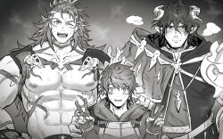 Rule 34 | 3boys, abs, bara, beard stubble, biceps, blush, closed mouth, commentary, draph, facial hair, geisenborger, gran (granblue fantasy), granblue fantasy, greyscale, haiki (tegusu), highres, horns, long hair, looking at viewer, looking to the side, male focus, monochrome, multiple boys, nipples, one eye closed, open mouth, pectoral cleavage, pectorals, pointy ears, smile, stubble, symbol-only commentary, v, wilnas (granblue fantasy)