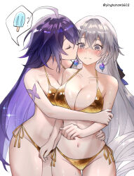 2girls absurdres ahoge bikini blue_hair blush breasts bronya_rand colored_inner_hair commentary cowboy_shot earrings english_commentary food gold_bikini grey_eyes grey_hair highres honkai:_star_rail honkai_(series) hug jewelry kiss kissing_cheek large_breasts long_hair medium_breasts multicolored_hair multiple_girls navel nose_blush popsicle purple_hair seele_(honkai:_star_rail) side-tie_bikini_bottom spoken_food stomach swimsuit thighs twitter_username two-tone_hair very_long_hair white_background ying_haram yuri
