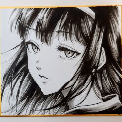 Rule 34 | 1girl, calligraphy brush (medium), commentary request, expressionless, eyelashes, greyscale, hairband, looking at viewer, looking back, makomako1061, monochrome, original, parted lips, photo (medium), portrait, shikishi, sidelocks, solo, traditional media, turning head, wispy bangs