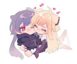 2girls animal_ears black_jacket blonde_hair blush chibi chibi_only commentary_request dog_ears dog_girl dog_tail ear_blush emptyayya heart highres hug jacket kiss kissing_cheek long_hair multiple_girls one_eye_closed pink_eyes purple_hair simple_background sky_striker_ace_-_raye sky_striker_ace_-_roze tail tail_wagging white_background white_jacket yu-gi-oh! yuri