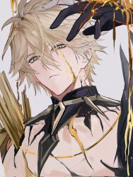 1boy antenna_hair blonde_hair commentary cracked_skin dripping hair_between_eyes highres hmayme4238 honkai:_star_rail honkai_(series) looking_at_viewer male_focus material_growth phainon_(honkai:_star_rail) short_hair simple_background solo upper_body white_background yellow_blood yellow_eyes