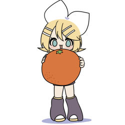 Rule 34 | 1girl, :3, blonde hair, blue eyes, bow, commentary request, eshe mr, flipped hair, food, fruit, full body, hair bow, hair ornament, hairclip, highres, holding, holding food, holding fruit, kagamine rin, leg warmers, looking at viewer, open mouth, orange (fruit), oversized food, oversized object, short hair, shorts, smile, solo, vocaloid