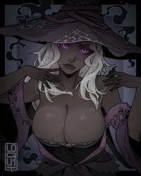 1girl artist_logo bare_shoulders black_border black_dress black_skin border breasts cleavage collarbone colored_skin dress elden_ring elden_ring_nightreign facing_viewer hands_up hat highres large_breasts logo looking_at_viewer loqu1t purple_eyes purple_sleeves recluse_(elden_ring) smoke smoke_trail solo upper_body white_hair witch witch_hat