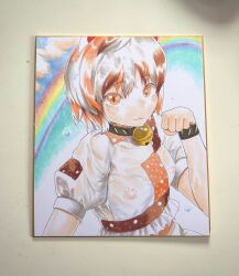 1girl :3 absurdres animal_ears bell blush brown_hair cat_ears cat_girl closed_mouth commentary_request covered_erect_nipples goutokuji_mike highres jingle_bell looking_at_viewer multicolored_hair neck_bell orange_eyes orange_hair paw_pose rain rainbow shikishi shirt short_hair smile solo streaked_hair touhou upper_body wet wet_clothes wet_shirt white_hair white_shirt wristband yawdeone