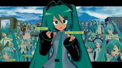 6+girls absurdres antenna_hair aqua_hair aqua_nails aqua_necktie aqua_trim black_sleeves blush character_request collared_shirt detached_sleeves double-parted_bangs english_text fang grey_shirt hair_between_eyes hair_ornament hairclip hatsune_miku highres kasane_teto kasane_teto_(sv) kio_(majin_kz) multiple_girls necktie shirt skin_fang synthesizer_v tie_clip twintails vocaloid