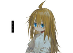 1girl ahoge alternate_costume alternate_eye_color alternate_hair_length alternate_hairstyle bags_under_eyes blonde_hair blue_eyes collared_shirt commentary_request dress_shirt frown glaring kokaki_mumose long_hair looking_at_viewer messy_hair null-meta parted_lips shirt simple_background sleeves_pushed_up solo translation_request uozumi_kurumi upper_body white_background white_shirt