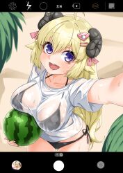 absurdres bikini bikini_under_clothes blonde_hair camera food fruit highres hololive horns nyang-kaz selfie shirt swimsuit tsunomaki_watame viewfinder virtual_youtuber watermelon wet wet_clothes wet_shirt
