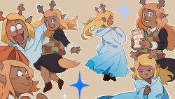 1girl :&gt; :3 animal_ears antlers barefoot black_eyes black_skirt blonde_hair blue_eyes blush book buck_teeth checkered_clothes checkered_sweater_vest checkered_vest clenched_teeth deer_antlers deer_ears deer_girl deer_tail deltarune eyelashes floating_hair freckles furry furry_female hand_on_own_chest highres holding holding_book hooded_robe hooves horns long_hair long_sleeves looking_at_viewer multiple_views noelle_holiday noelle_holiday_(dark_world) red_nose reindeer_girl robe sideways_glance skirt smile solo tail teeth two-tone_sweater_vest uri_(365mimimi) vest wavy_hair white_robe wide-eyed
