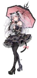 1girl absurdres animal_ears bad_id bad_pixiv_id bare_shoulders black_dress black_pantyhose breasts cat_ears cat_tail detached_sleeves dress female_focus full_body gothic_lolita harajuku_mimi high_heels highres large_breasts lolita_fashion long_hair official_art pantyhose parasol re:shimashima red_eyes silver_hair simple_background smile solo tail tokyo_exe_girls two_side_up umbrella white_background