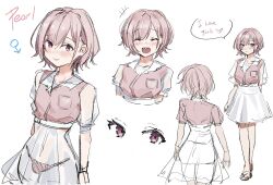+++ 1boy :d ^_^ blush breast_pocket bulge character_name closed_eyes commentary crossdressing english_commentary english_text highres male_focus mars_symbol multiple_views open_mouth original panties pink_eyes pink_hair pink_panties pink_shirt pocket sharp_teeth shirt short_hair short_sleeves simple_background sketch skirt smile speech_bubble teeth trap underwear upper_teeth_only white_background white_skirt xcider