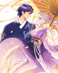 1boy 1girl black_eyes blue_eyes blue_hair blue_hanfu breasts bun_cover carrying chinese_clothes chrom_(fire_emblem) cleavage commentary couple double_bun english_commentary female_robin_(fire_emblem) fire_emblem fire_emblem_awakening hair_bun hanfu hetero highres holding holding_umbrella jewelry long_hair looking_at_another necklace nintendo oil-paper_umbrella pearl_necklace princess_carry purple_hanfu simple_background sumustard twintails umbrella white_background white_hair