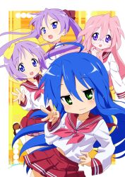 4girls :3 absurdres ahoge artist_name blue_eyes blue_hair bow brown_shoes closed_mouth commentary glasses green_eyes hair_between_eyes hair_bow hand_on_own_stomach hand_up highres hiiragi_kagami hiiragi_tsukasa izumi_konata loafers long_hair lucky_star middle_w multiple_girls neckerchief open_hand open_mouth pink_hair pleated_skirt purple_eyes purple_hair red_bow red_neckerchief red_sailor_collar red_skirt ryouou_school_uniform sailor_collar school_uniform semi-rimless_eyewear serafuku shirt shoes short_hair signature skirt smile socks standing takara_miyuki twintails w white_shirt white_socks yellow_bow yoshinaga_masahiro