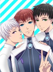 00s 3boys albedo_piazzolla black_hair blue_eyes brothers gaignun_kukai green_eyes jr. male_focus mizuki_(milk) multiple_boys purple_eyes red_hair short_hair siblings v white_hair xenosaga aged_down