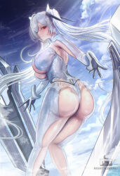 Rule 34 | 1girl, ass, ass focus, blue hair, bodysuit, breasts, cinderella (nikke), from behind, gloves, goddess of victory: nikke, hair ornament, hair over one eye, huge ass, large breasts, leotard, long hair, looking at viewer, looking to the side, night slice527, red eyes, see-through clothes, see-through skirt, sideboob, skirt, smile, solo, thong, thong leotard, twintails, very long hair