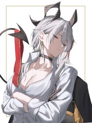 1girl black_choker black_gloves black_horns black_tail breasts choker cleavage closed_mouth collarbone collared_shirt commentary_request crossed_arms curled_horns demon_tail earrings glance gloves grey_hair half-closed_eyes highres horns jewelry key_earrings long_hair looking_at_viewer medium_breasts mole mole_under_eye necktie negse_38u red_eyes red_necktie shirt solo tail unworn_necktie upper_body white_shirt wuthering_waves zani_(wuthering_waves)