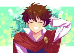 1boy arm_behind_head bartz_klauser blue_tunic border brooch brown_hair cloak closed_eyes final_fantasy final_fantasy_v green_background grin highres jewelry letterboxed light_blush long_sleeves male_focus popped_collar red_cloak sanroku_3 shirt short_hair smile solo teeth tunic upper_body white_border white_shirt